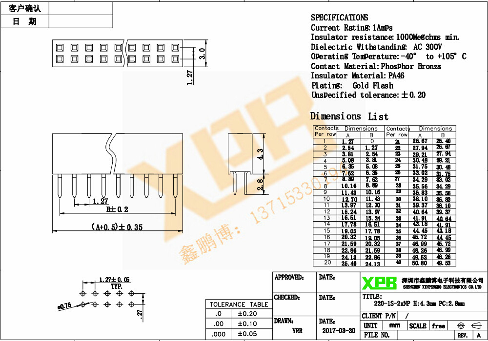 1.27間距雙排直插塑高1.5 排母連接器規(guī)格書 1.27間距雙排直插塑高1.5 排母連接器規(guī)格書