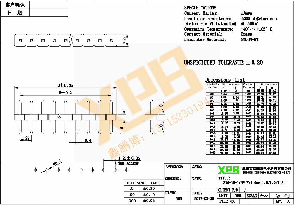 1.27單排直針排針連接器產品規格書 1.27單排直針排針連接器產品規格書