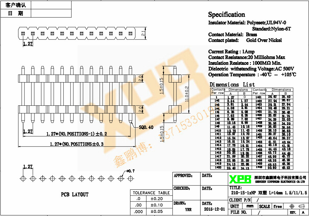 1.27間距 單排 雙塑 直插 排針規(guī)格書 1.27間距 單排 雙塑 直插 排針規(guī)格書